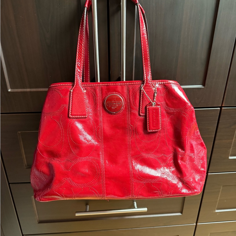 Coach Signature Red Patent Leather Tote F15658
